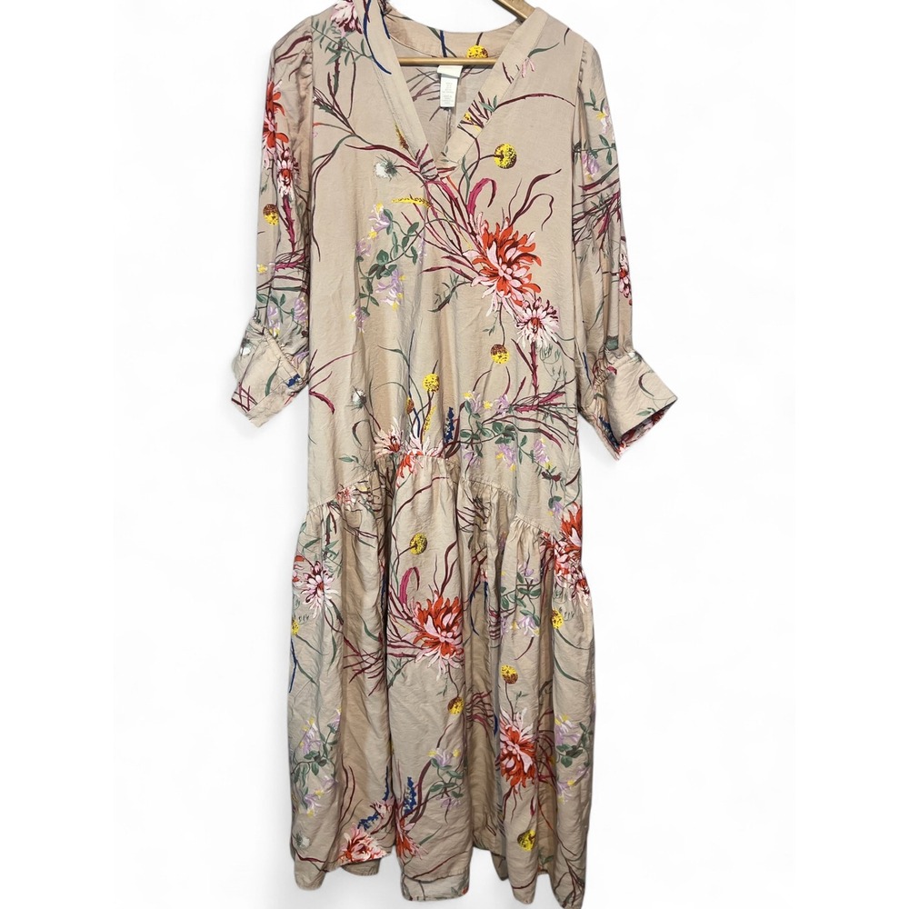 H&M Oversized Floral Maxi Dress Beige V-Neck Long Sleeve Tiered Small